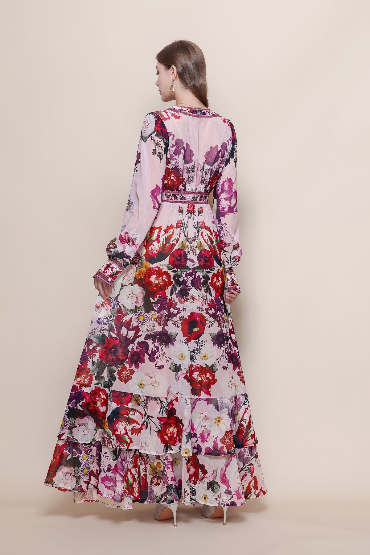 Floral Print Deep V-Neck Maxi Dress with Balloon Sleeves