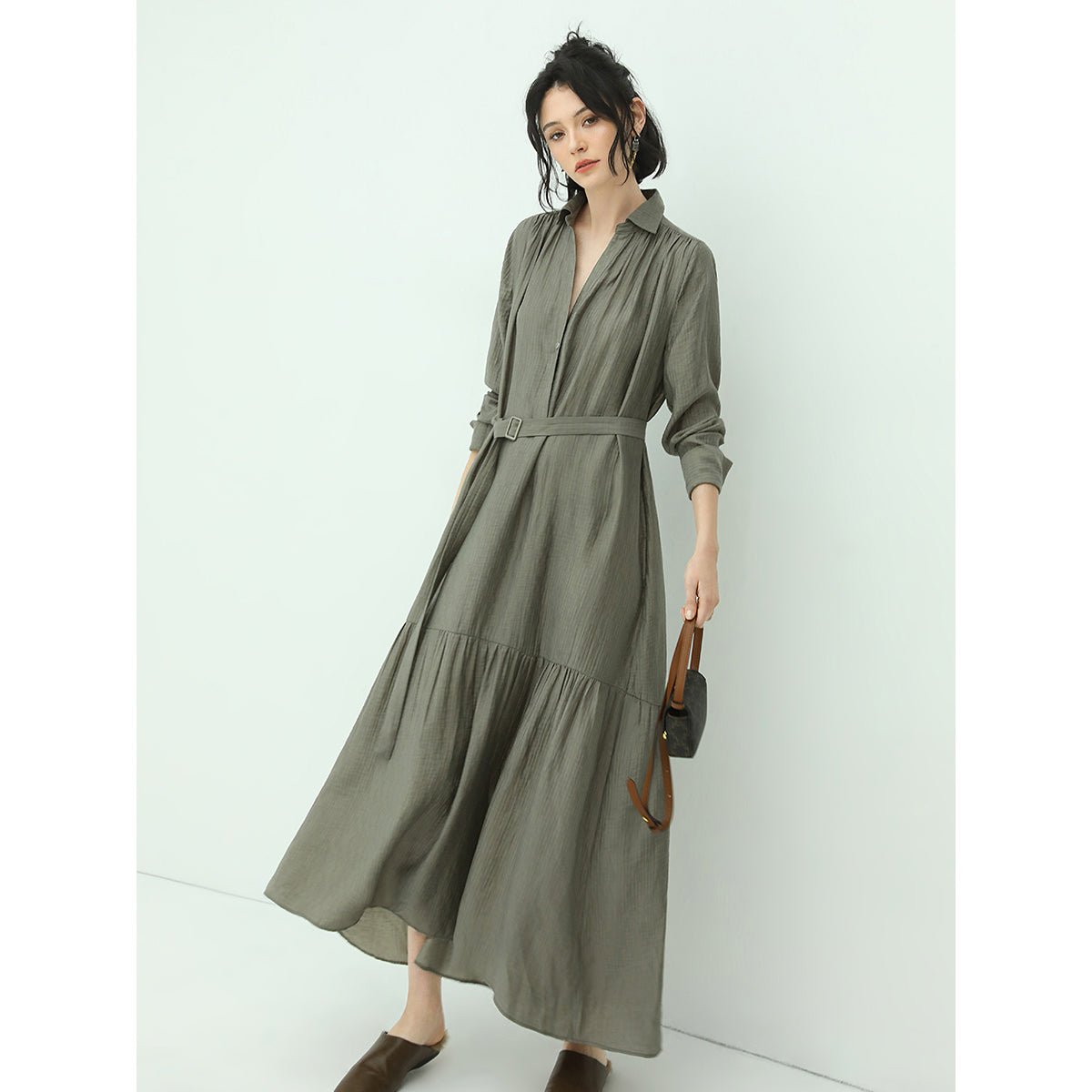Flowy Belted Olive Shirt Dress with Pleats Flowy Belted Olive Shirt Dress with Pleats