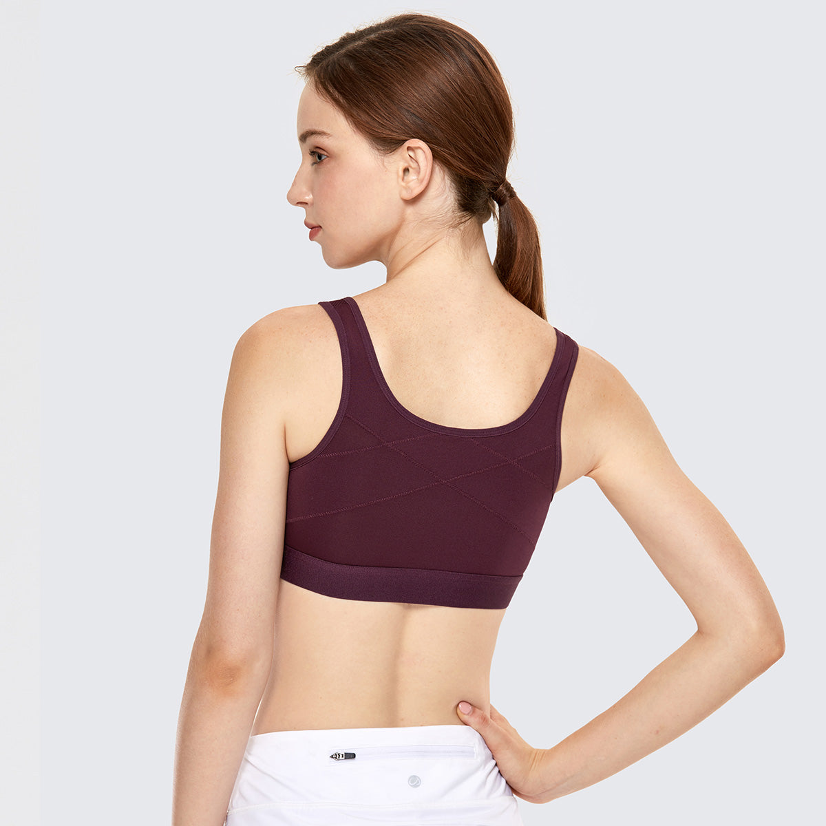 full length zip front wireless racerback wine sports bra all wine 3