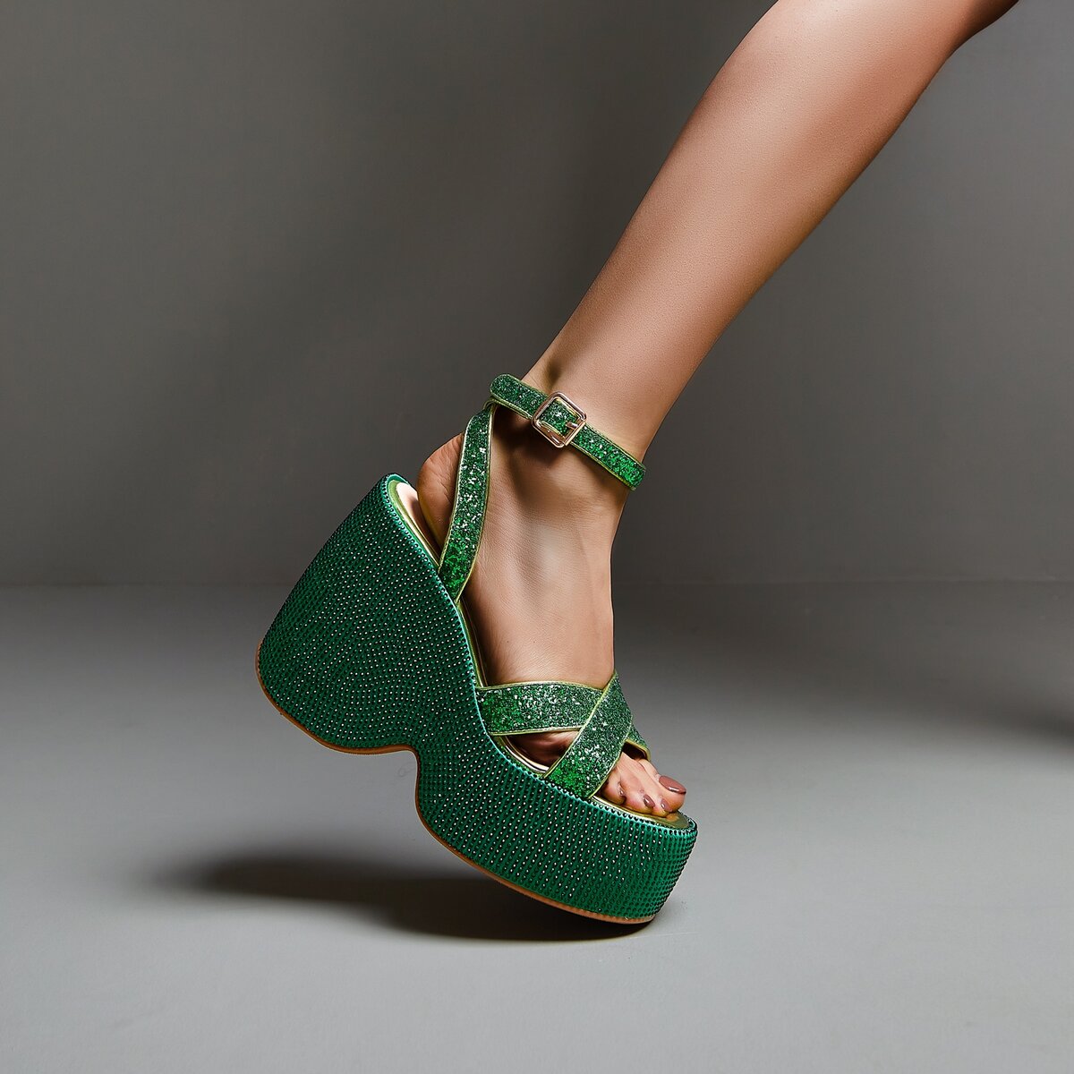 Glitter Crossover Rhinestone Platform Wedge Sandals