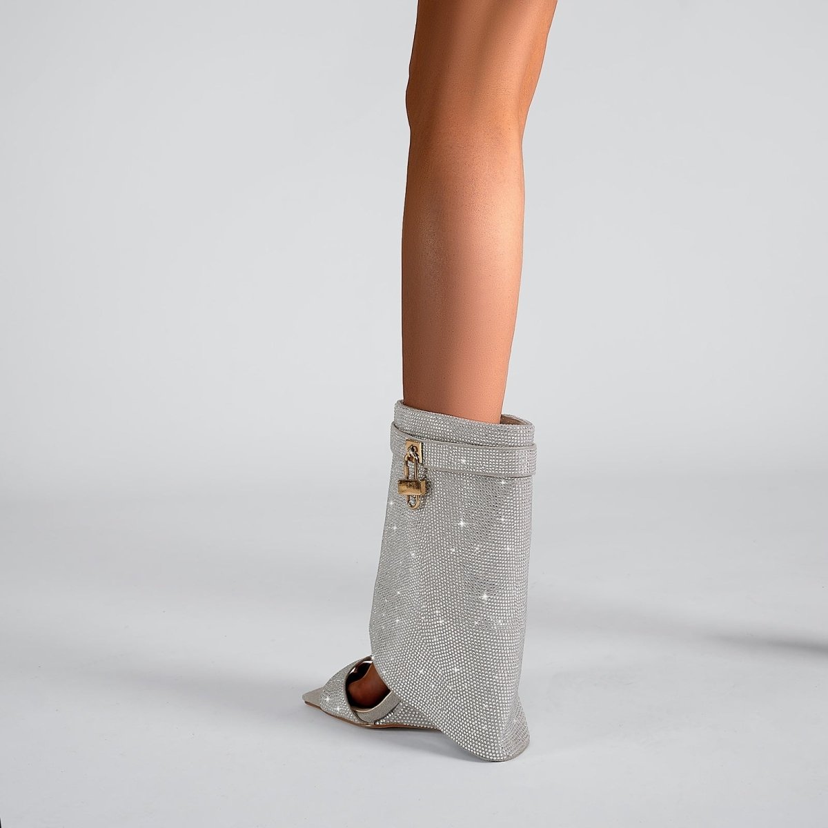 Glittery Rhinestone Square Toe Mid High Sandal Boots - 0cm