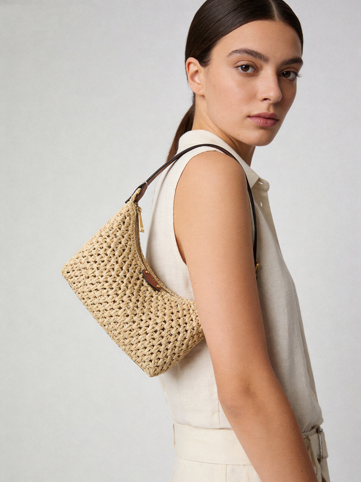Handwoven Raffia Crochet Crescent Shoulder Bag – Leather Trim Baguette Hobo