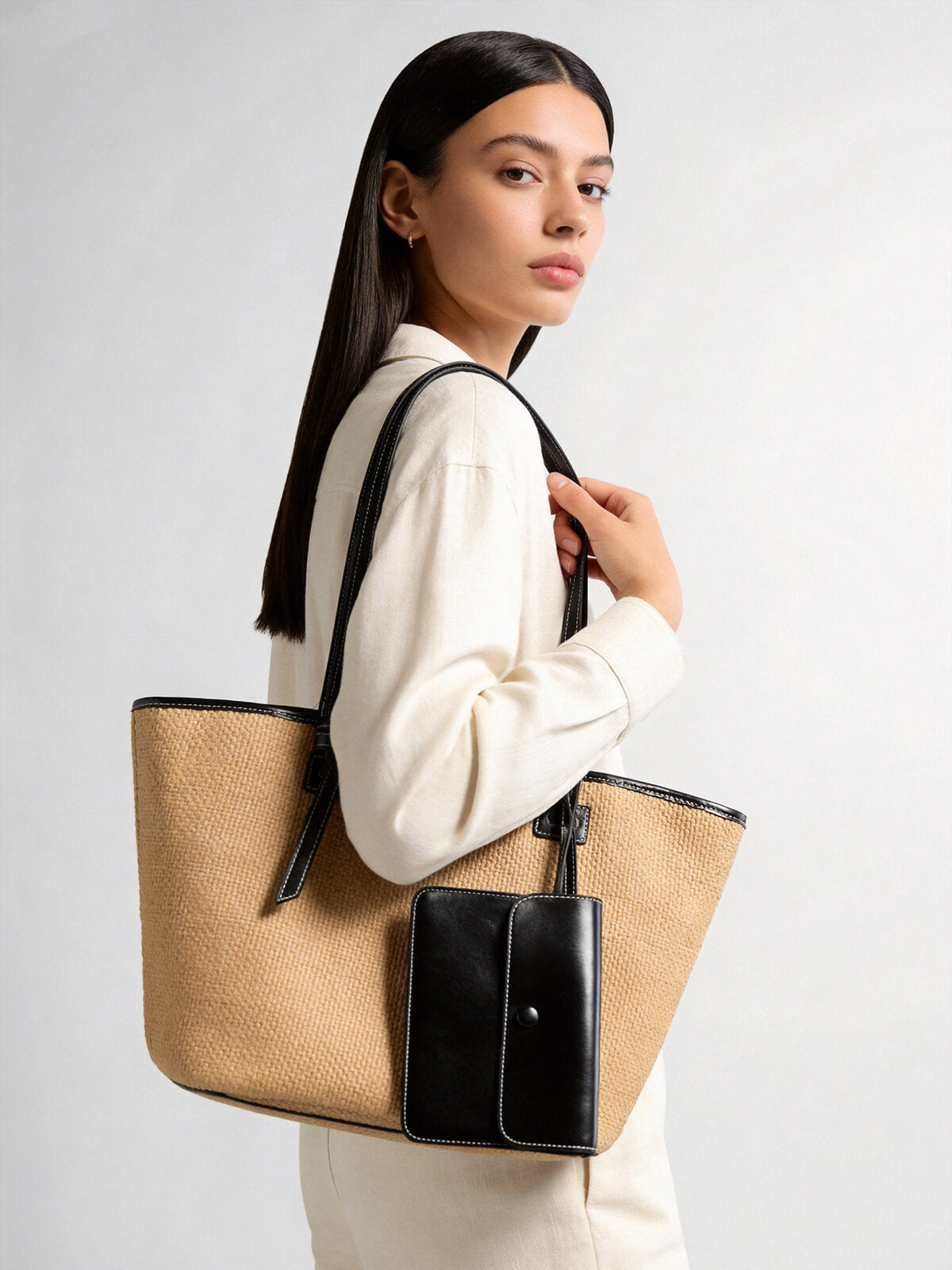 Handwoven Raffia Tote Bag – Black Leather Trim with Knotted Straps & Detachable Snap Pouch