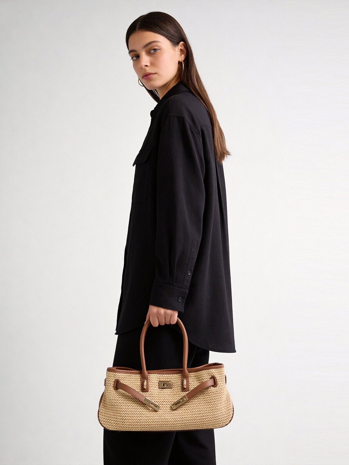Handwoven Raffia Tote Bag – Leather Trim Turn-Lock Convertible Crossbody