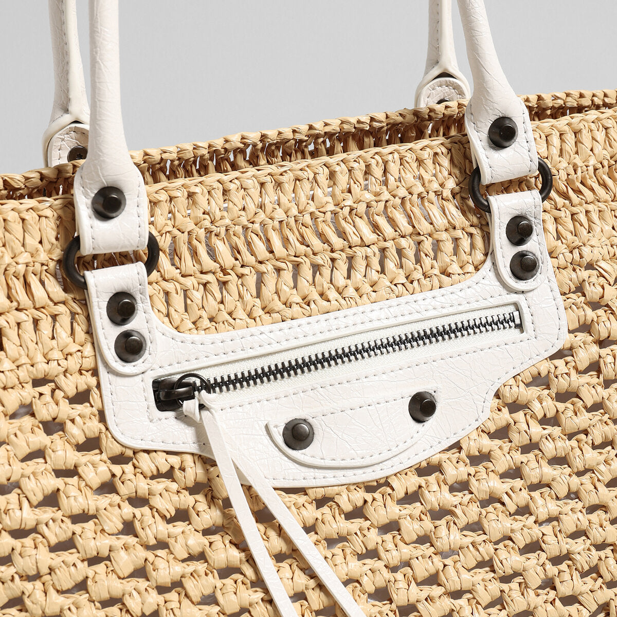 Handwoven Raffia Tote Bag – Studded Leather Trim Convertible Crossbody