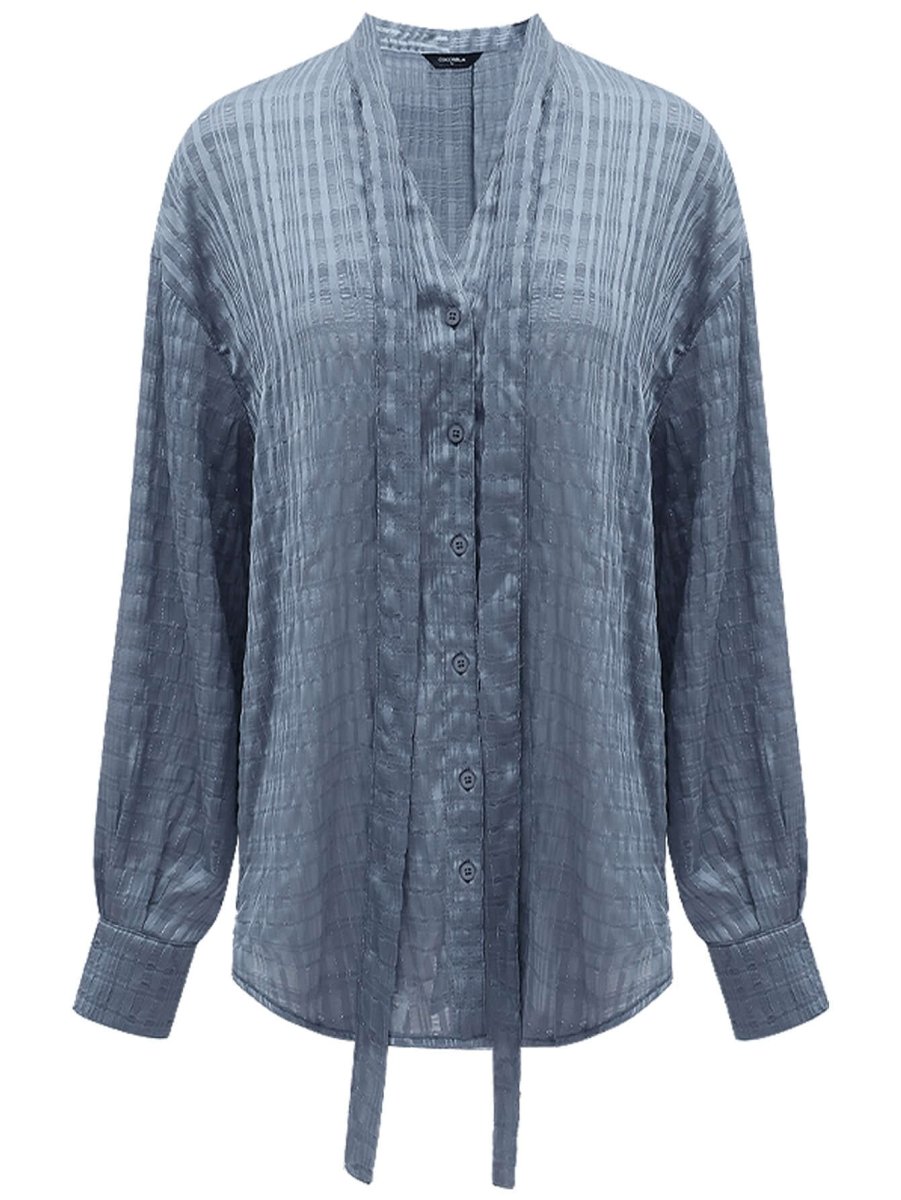 Intricate Sheer Navy Jacquard Shirt with Ribbon Tie - 0cm