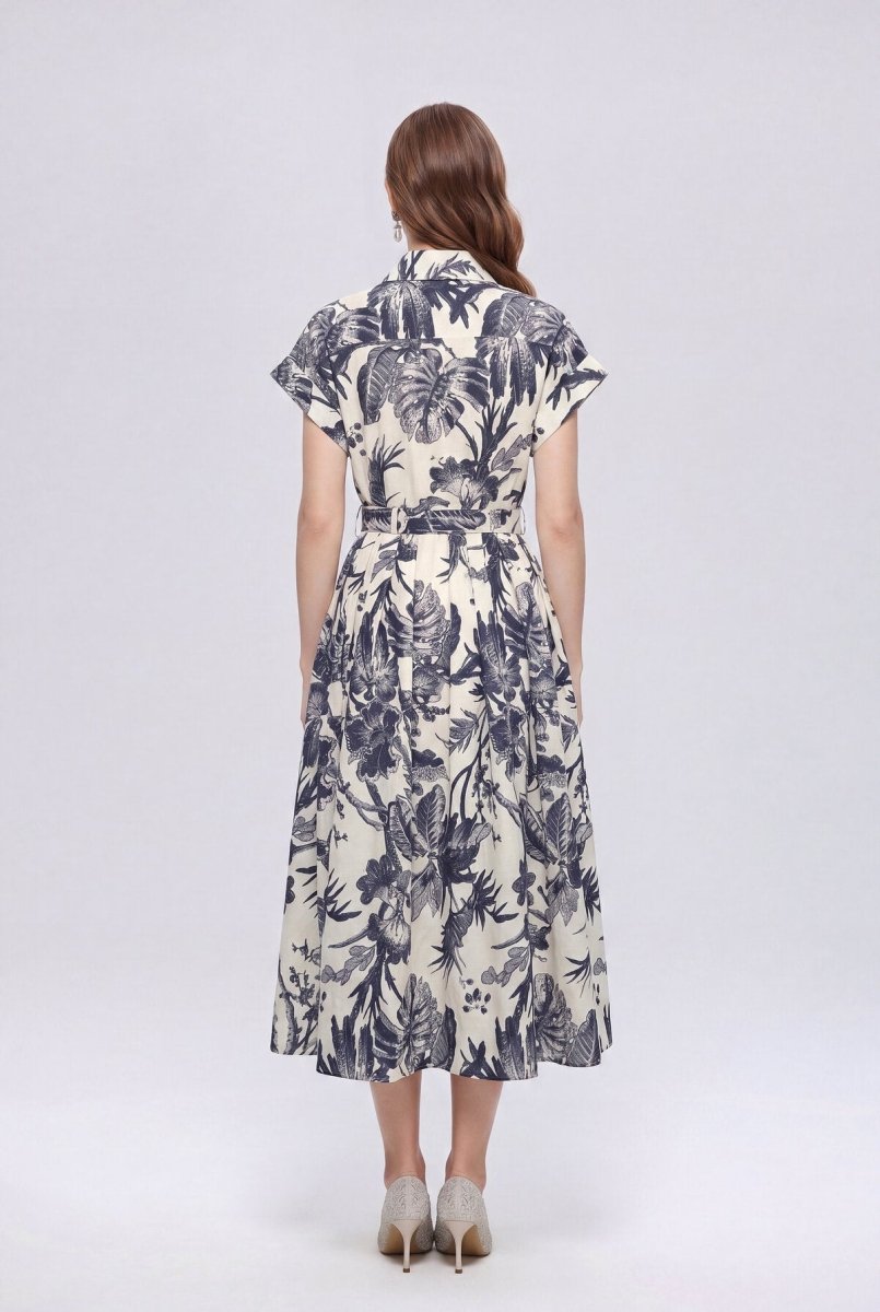 Ivory & Navy Tropical Toile Belted Shirt Midi Dress