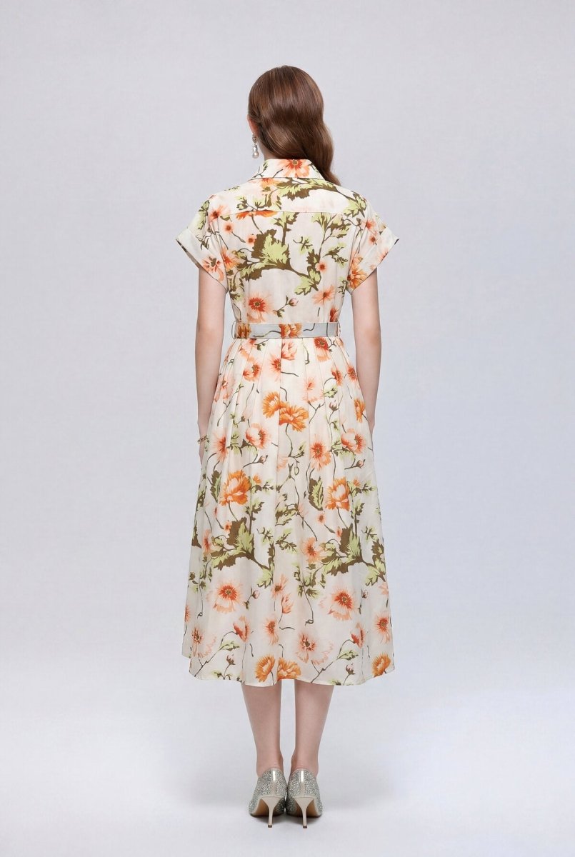 Ivory Poppy Botanical Belted Shirt Midi Dress