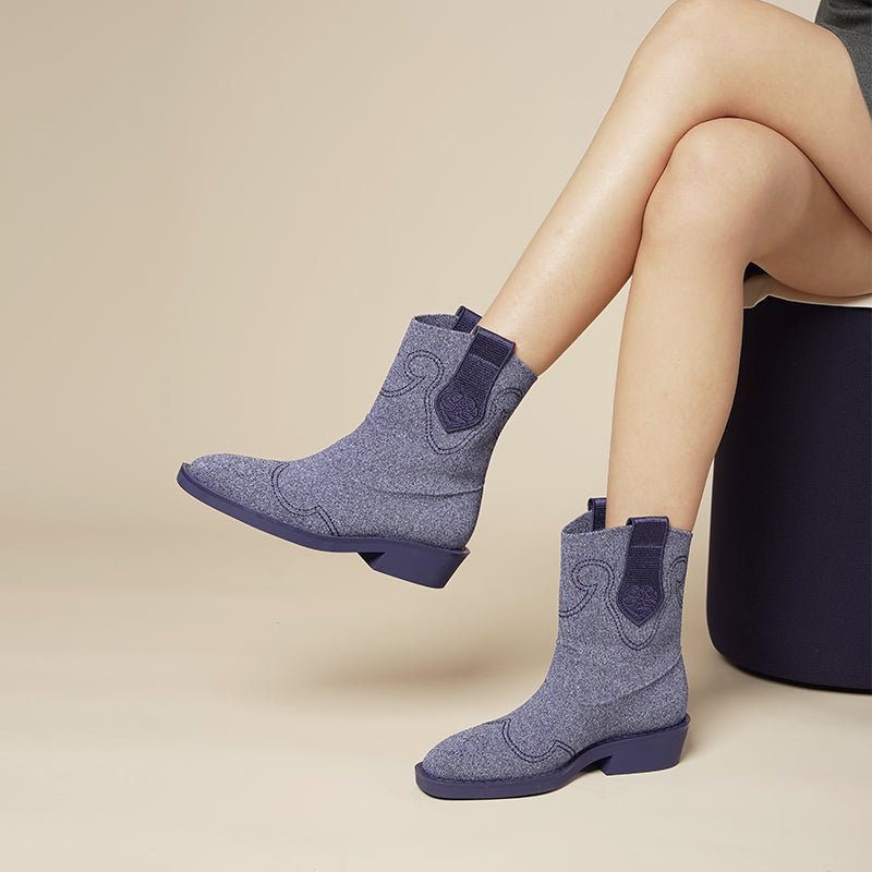 Knit Cowboy Boots – Pointed Toe Mid Calf Western Flat Boots