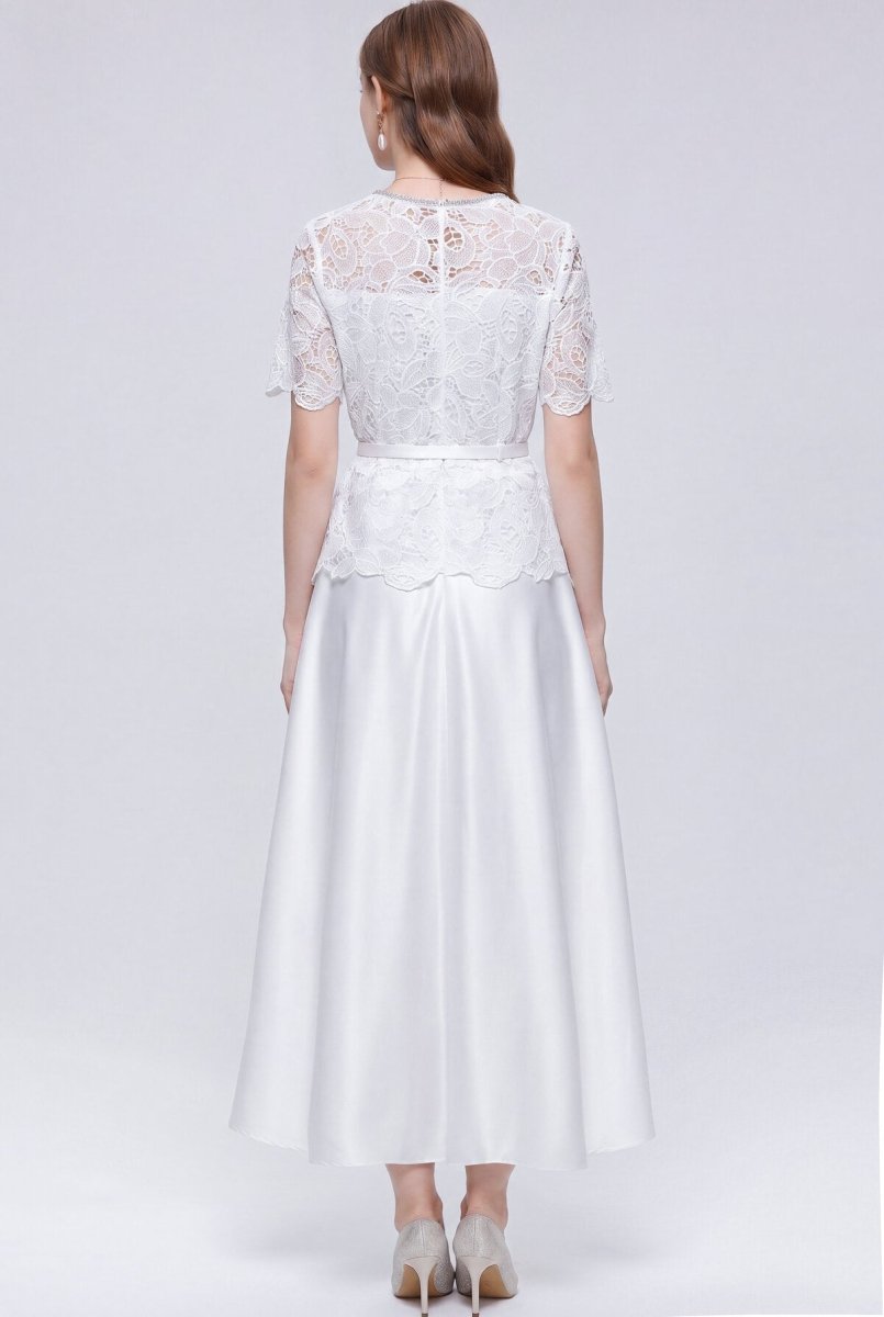 Lace Peplum Maxi Dress with Rhinestone Bow and Jewel Buttons