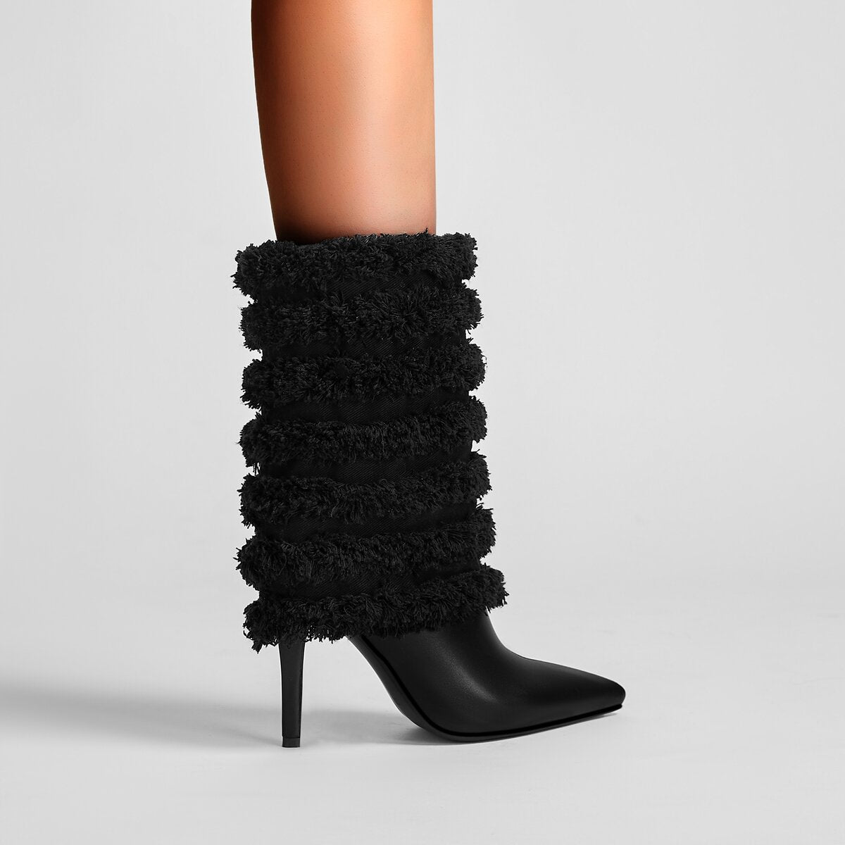 Layered Fringe Denim Leather Pointed Toe Mid Calf Boots