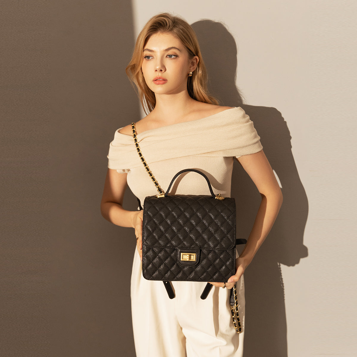 Elegant Leather Chain Strap Black Quilted Flap Satchel Backpack