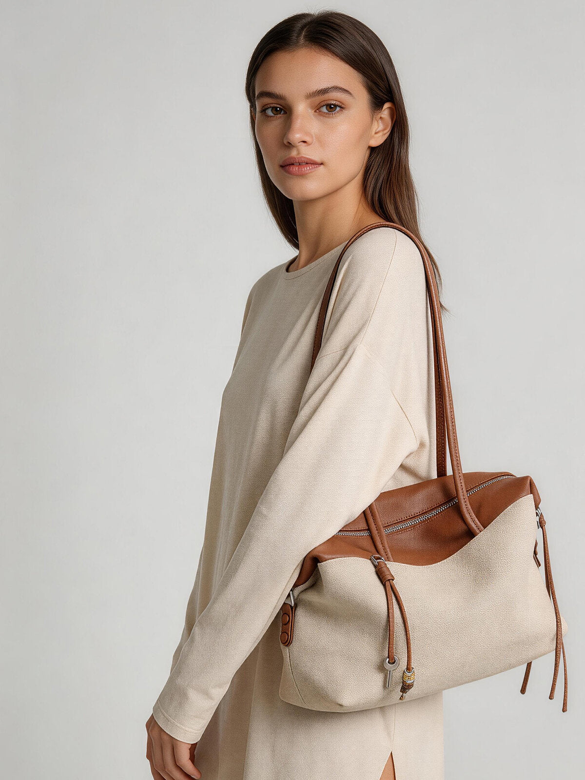 Linen & Leather Colour-Block Tote Bag – Leather Trim with Tassel Zip & Convertible Crossbody