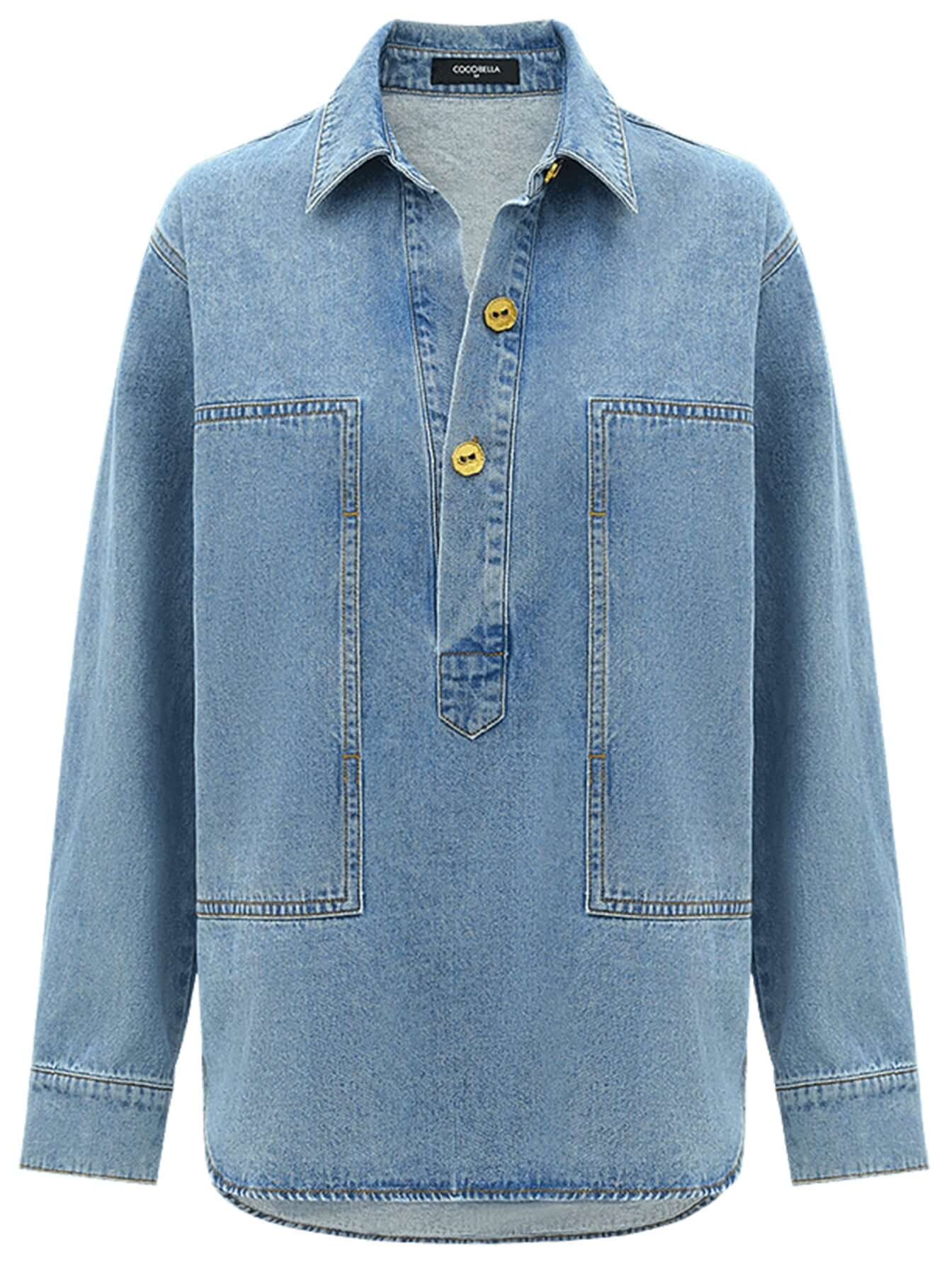 long sleeved blue denim shirt with contrasting mustard buttons all blue 4