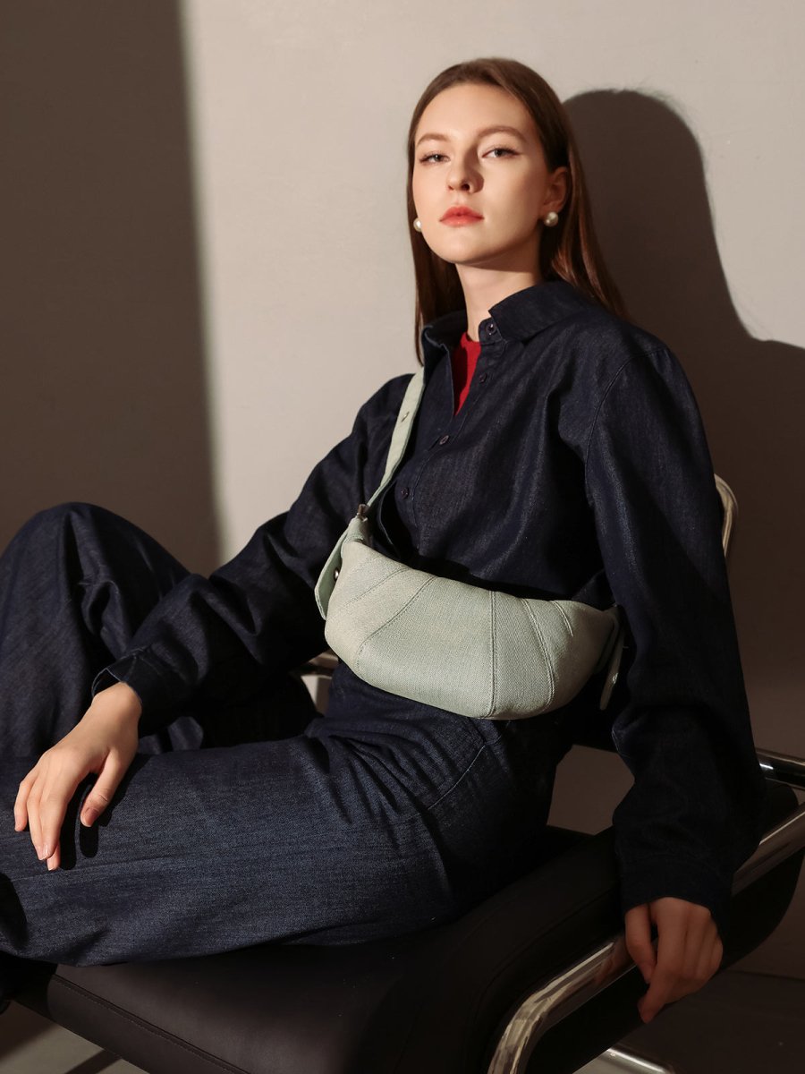 Luna Denim Crescent Shoulder Bag – Sculptural Y2K Hobo Bag with Adjustable Grommet Strap