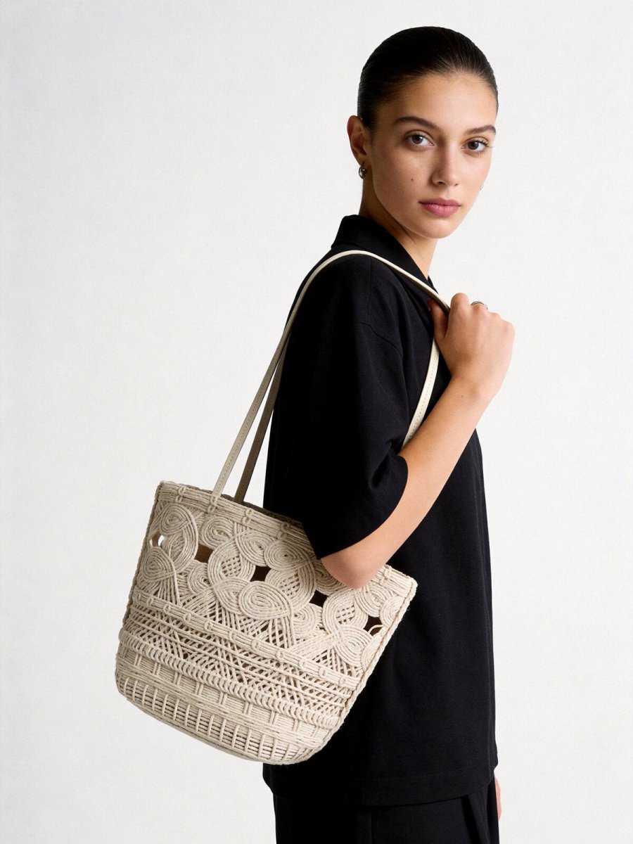 Macramé Open-Weave Tote Bag – Handcrafted Cotton Rope Shoulder Bag with Drawstring Liner