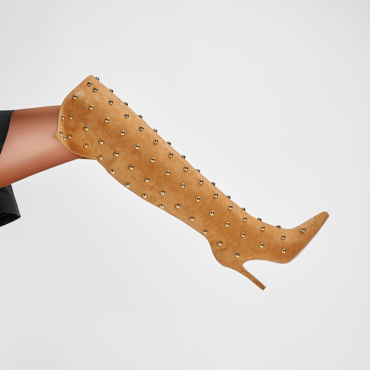 Metallic Dome Stud Suede Pointed Toe Knee High Boots