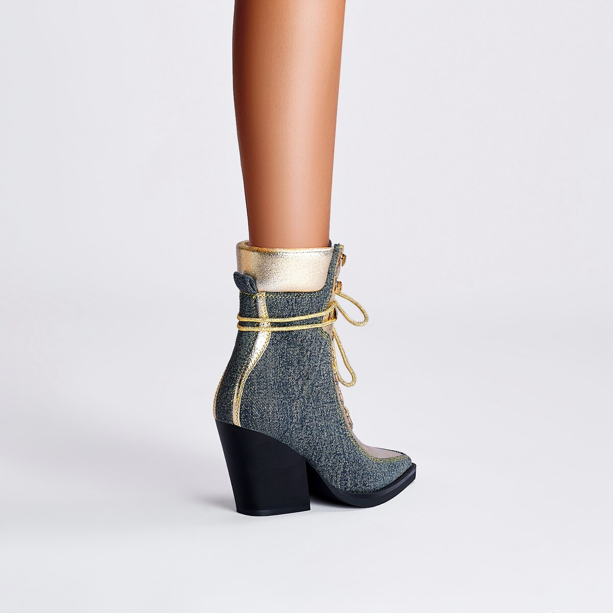 Metallic Panel Denim Lace Up Western Ankle Boots