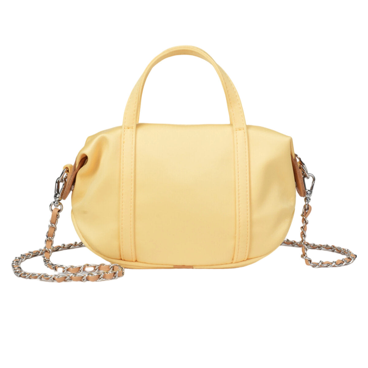 Mini Triacetate Satin Boston Bag with Leather Chain Strap – Convertible Top Handle & Crossbody Purse