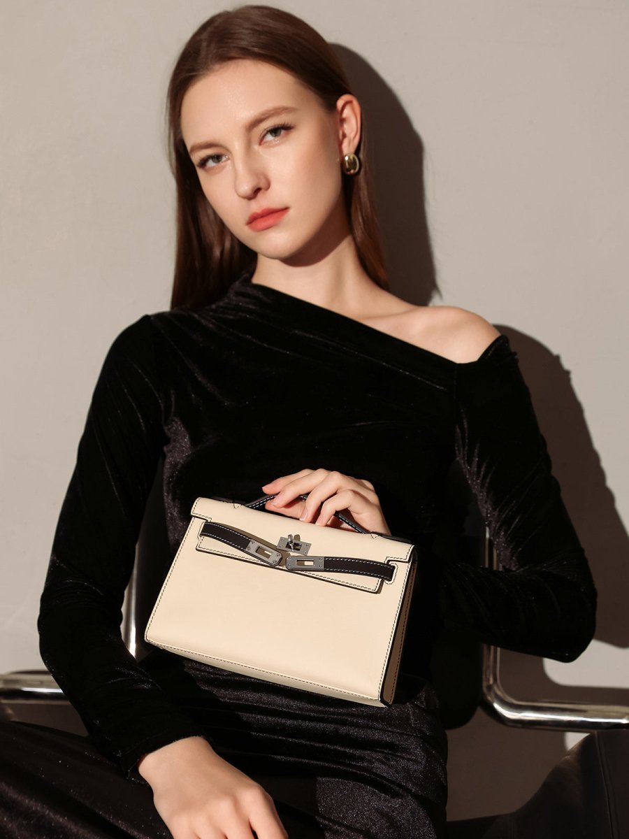 Monroe Colorblock Leather Satchel – Structured Top Handle Bag with Turn-Lock Closure & Chain Strap