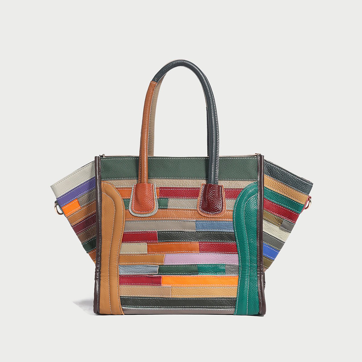 Multicolor Patchwork Leather Trapeze Tote Bag – Abstract Linear Top Handle with Detachable Strap
