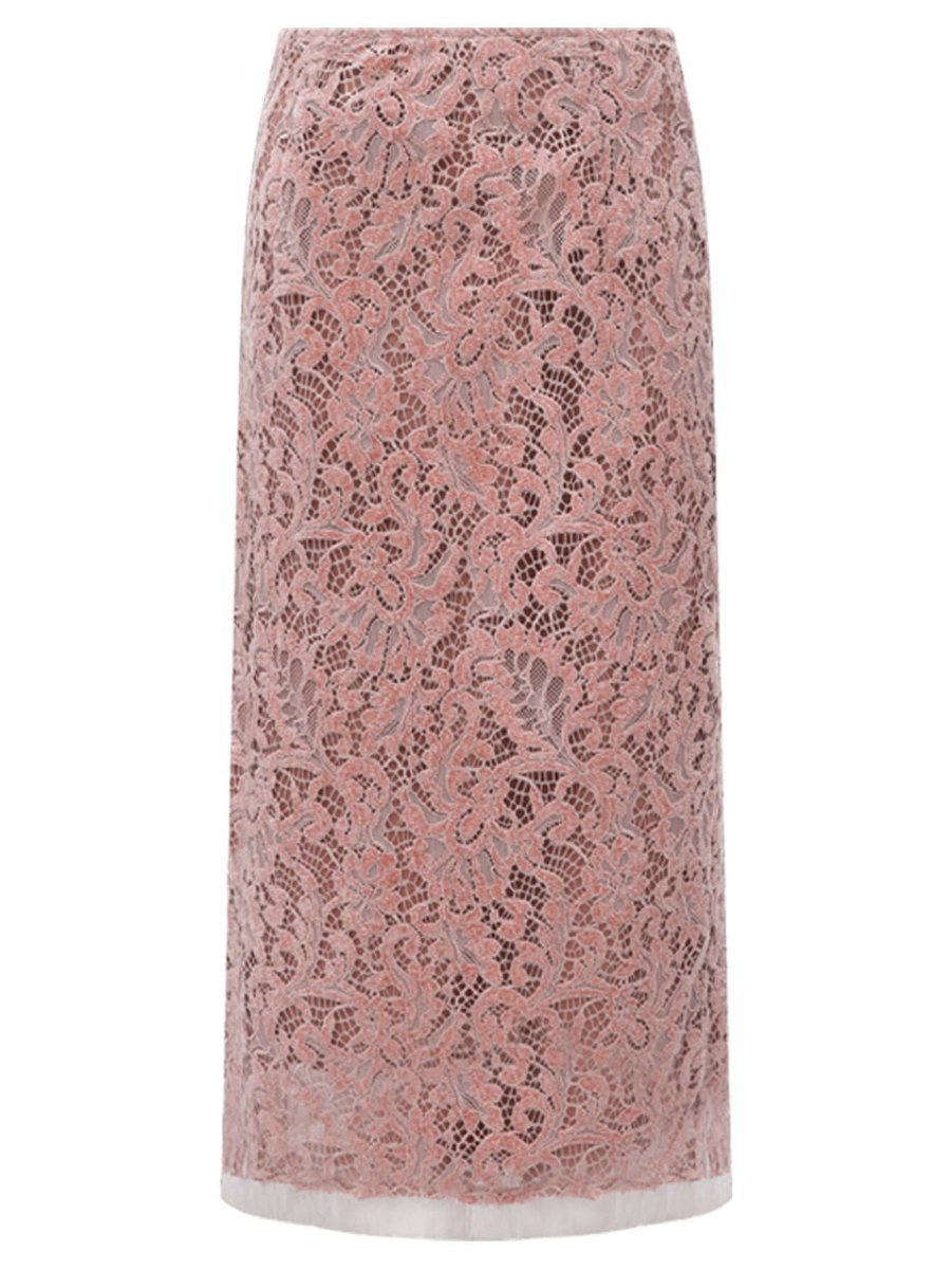Old Rose Silk Velvet Lace Embroidered Below The Knee Skirt - 0cm
