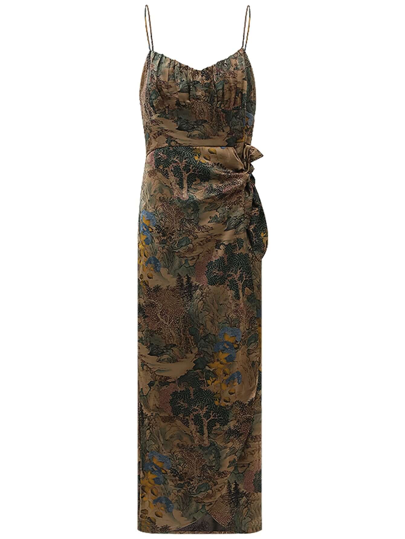 oriental gold ruched satin print slip dress all brown 4