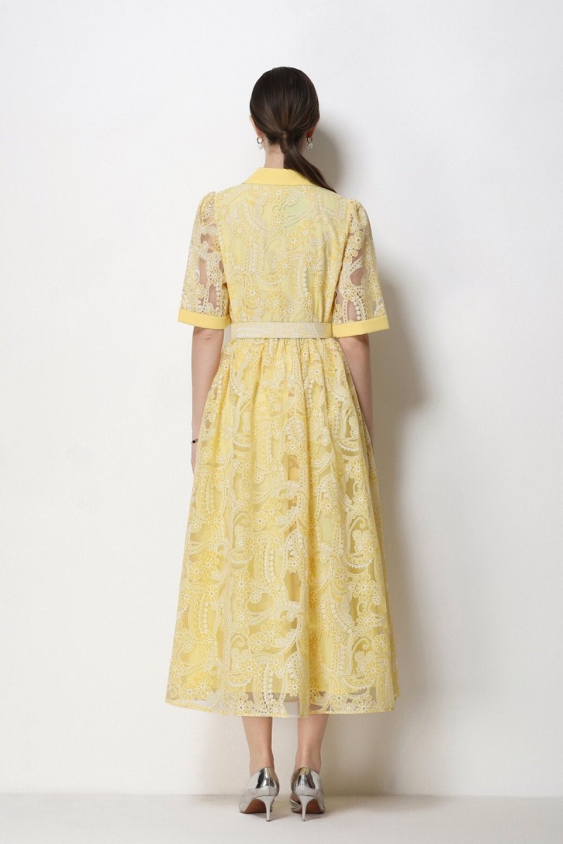 Paisley Cutwork Lace Notched-Collar Midi Dress with Cuffed Sleeves