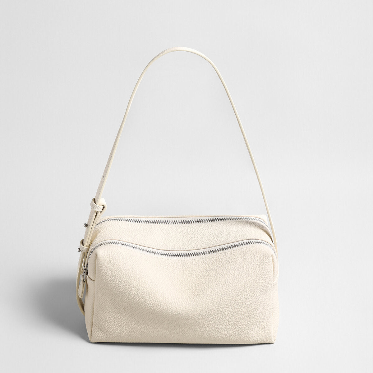 Pebbled Calfskin Bowling Bag – Structured Wave-Zip Shoulder Crossbody