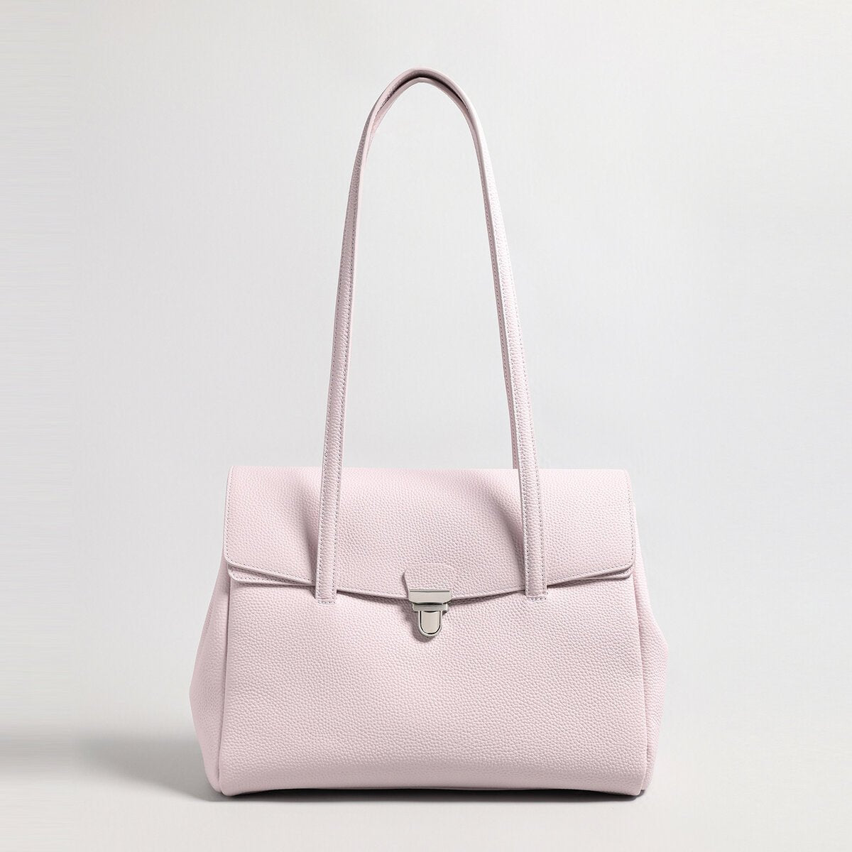 Pebbled Leather Turn-Lock Shoulder Tote Bag – Structured Multi-Compartment Handbag