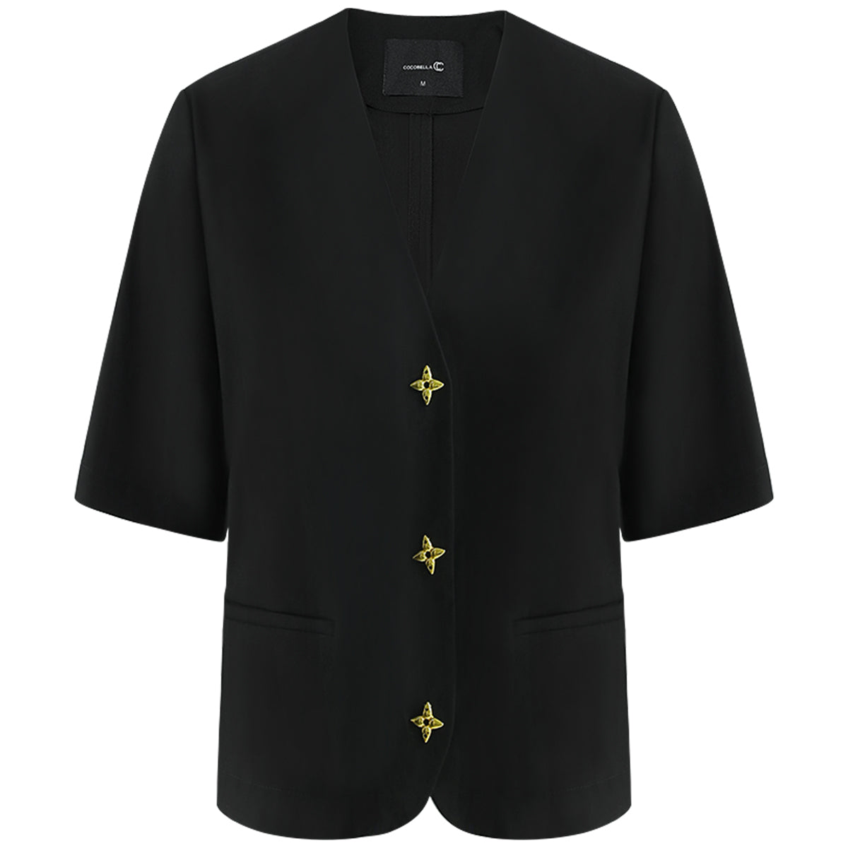 petite cropped black blazer with gold button embellishments all black 4