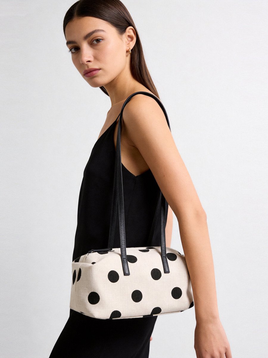 Polka Dot Canvas Barrel Bag – Cotton Linen Cylinder Shoulder Bag with Leather Straps