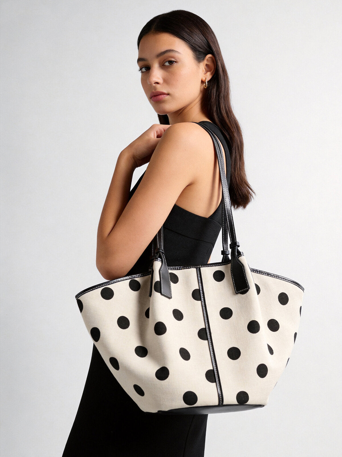 Polka Dot Canvas Basket Tote Bag – Leather Trim Shoulder Tote with Removable Zip Pouch