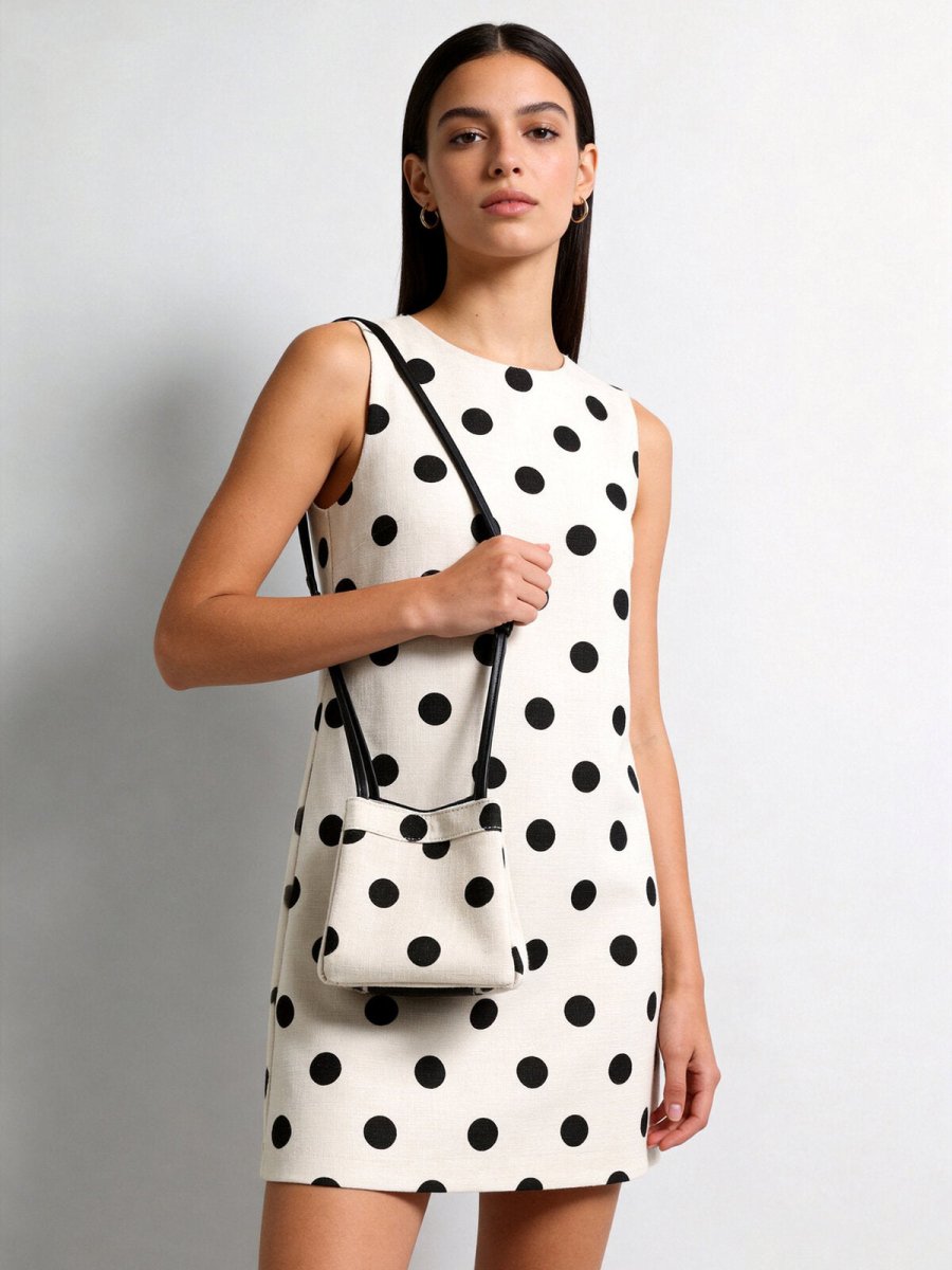 Polka Dot Canvas Mini Bucket Bag – Cotton Linen Crossbody Shoulder Bag with Dual Straps
