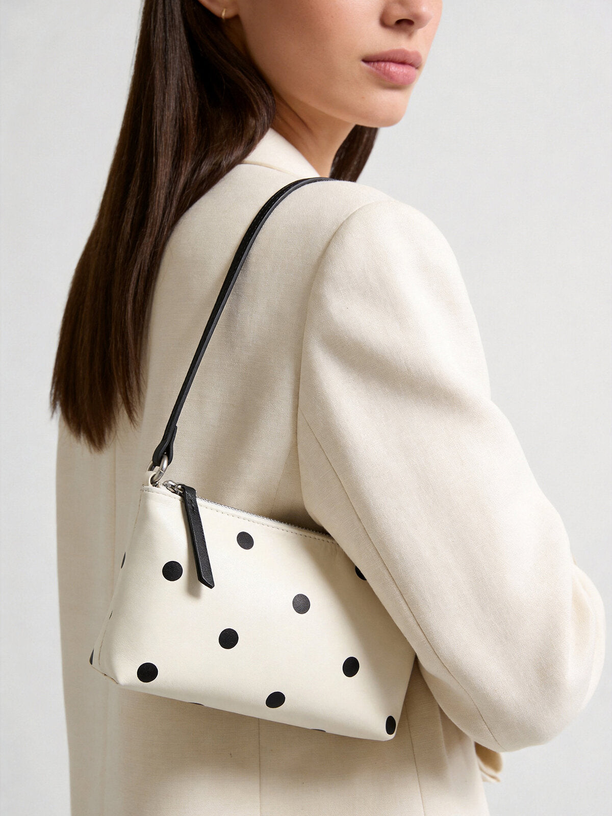 Polka Dot Leather Baguette Bag – Convertible Shoulder & Crossbody Mini Bag