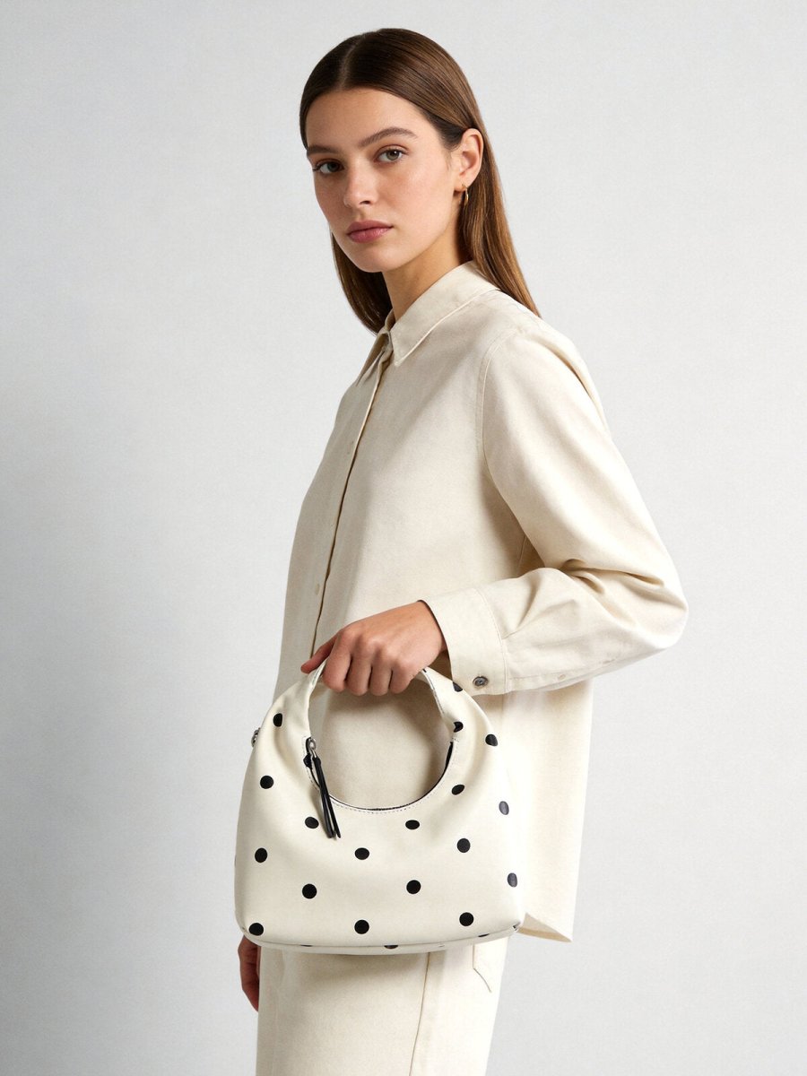 Polka Dot Leather Crescent Hobo Bag – Convertible Top-Handle & Crossbody Mini Bag