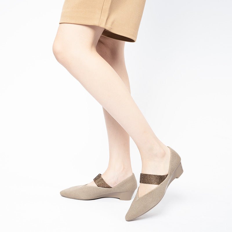Princess Crystal Strap Mary Jane Wedges – Pointed Toe Knit Commuter Pumps