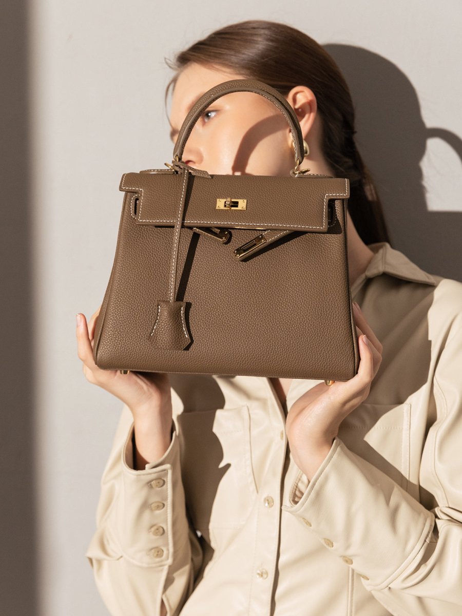 Queens Mini Top Handle Palm-Grain Calfskin Bag – Structured Leather Satchel with Turn-Lock Closure