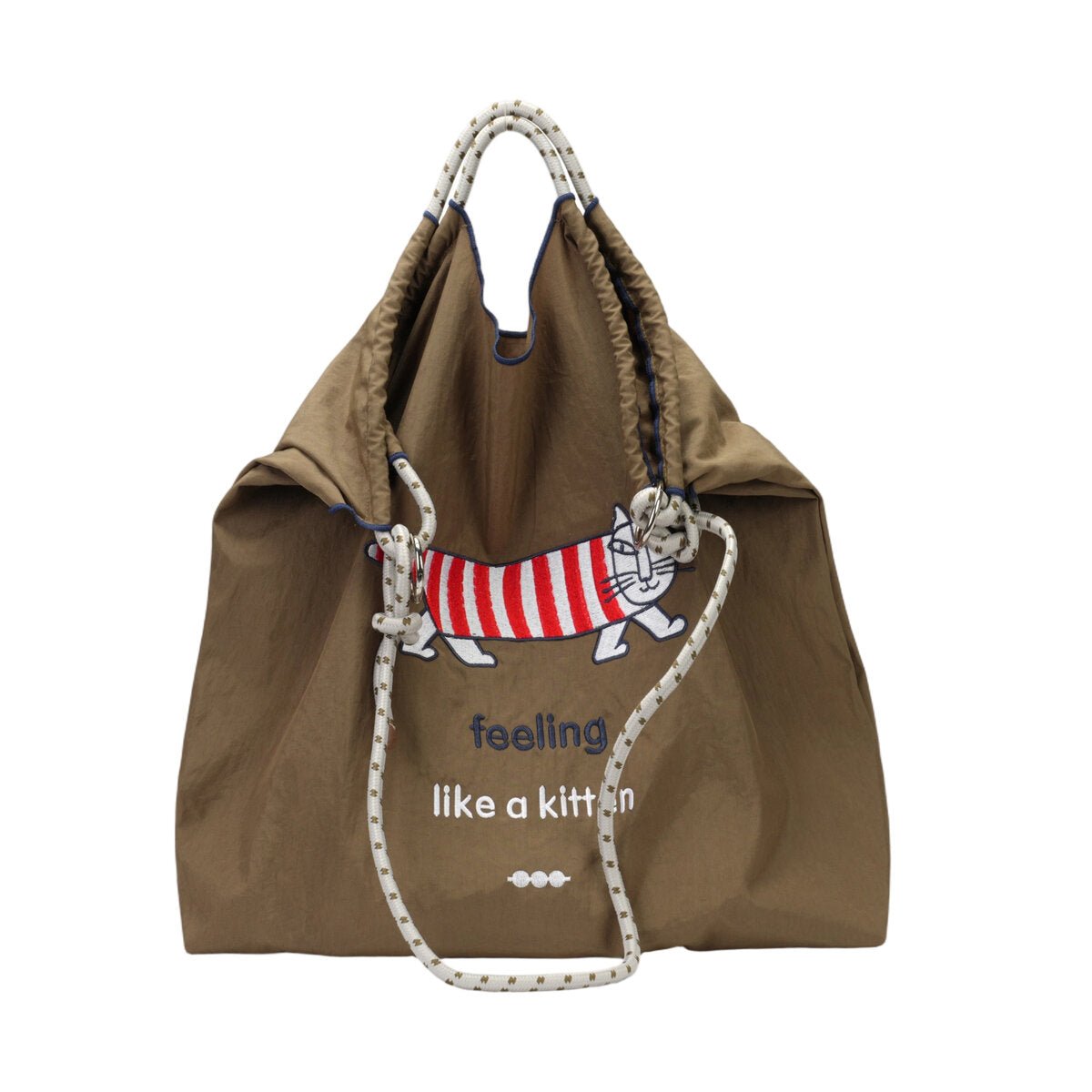Recycled Nylon Tote Bag with Floral Bunny Embroidery & Braided Rope Strap