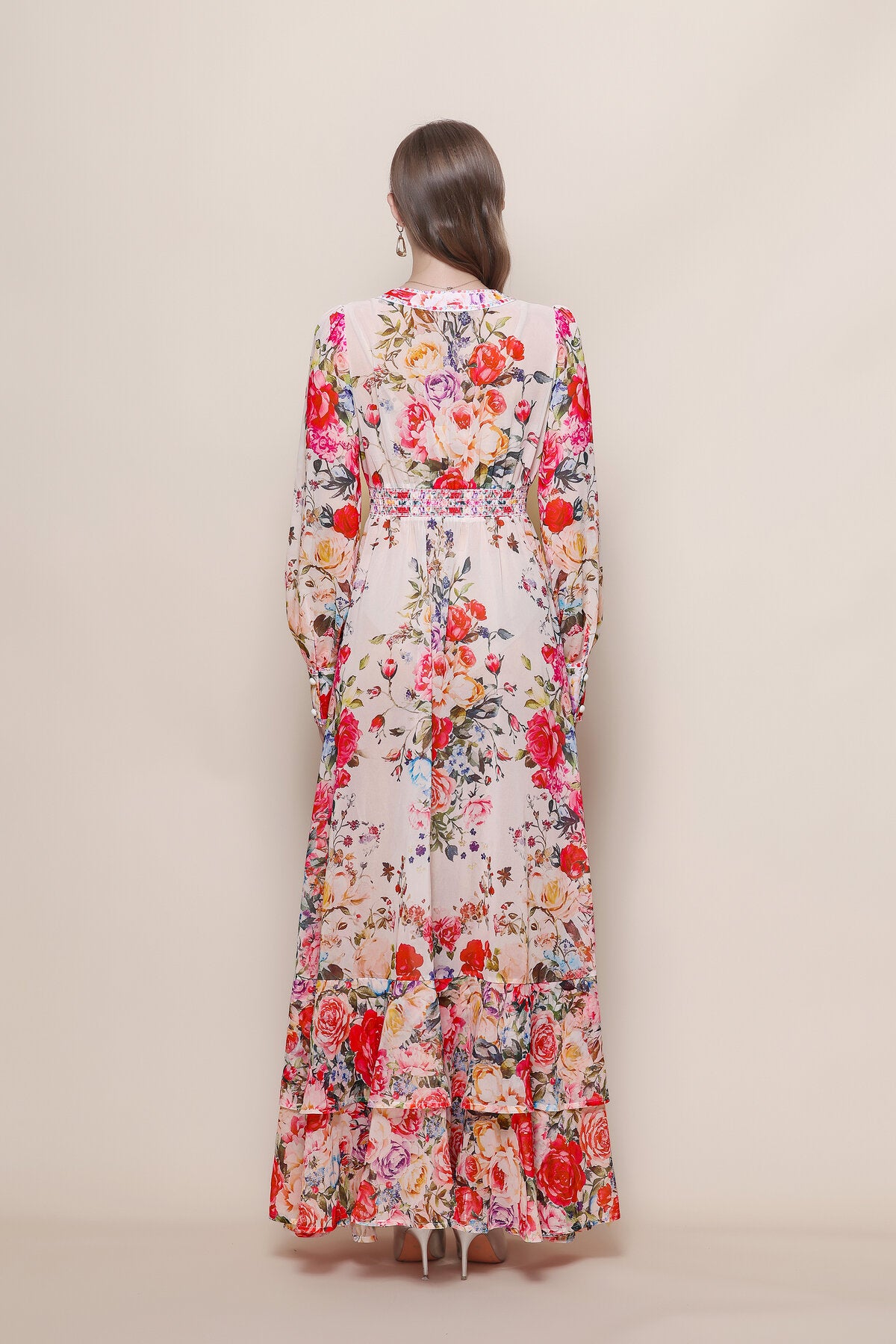 Rose Bouquet Deep V-Neck Ruffle Maxi Dress