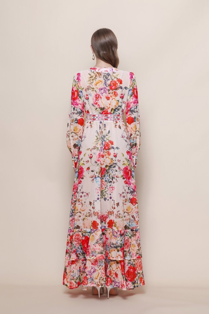 Rose Bouquet Deep V-Neck Ruffle Maxi Dress