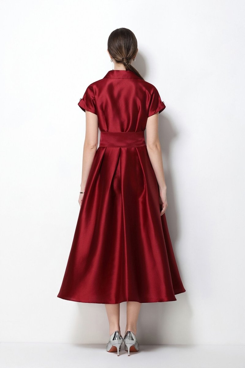 Satin Notched-Lapel Camellia Corsage Midi Dress with Jeweled Buttons & Bow Belt