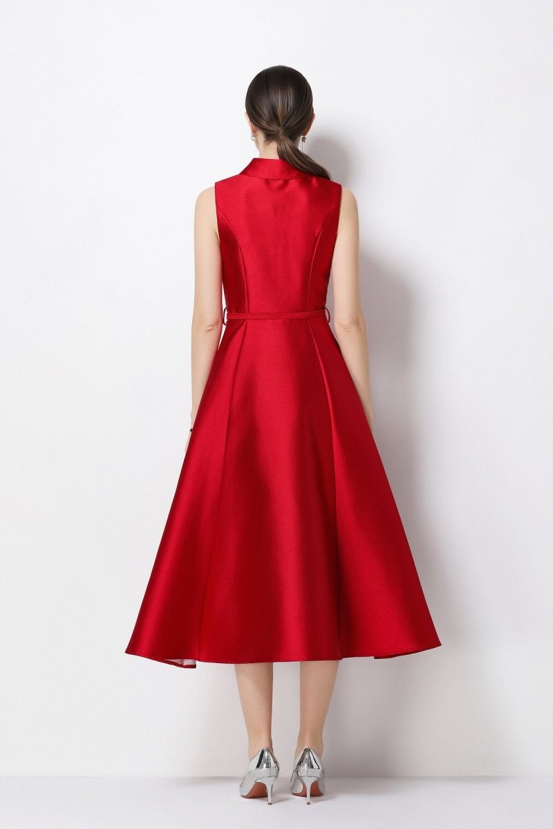 Satin Point-Collar Sleeveless Midi Dress with Belt & Full A-Line Skirt