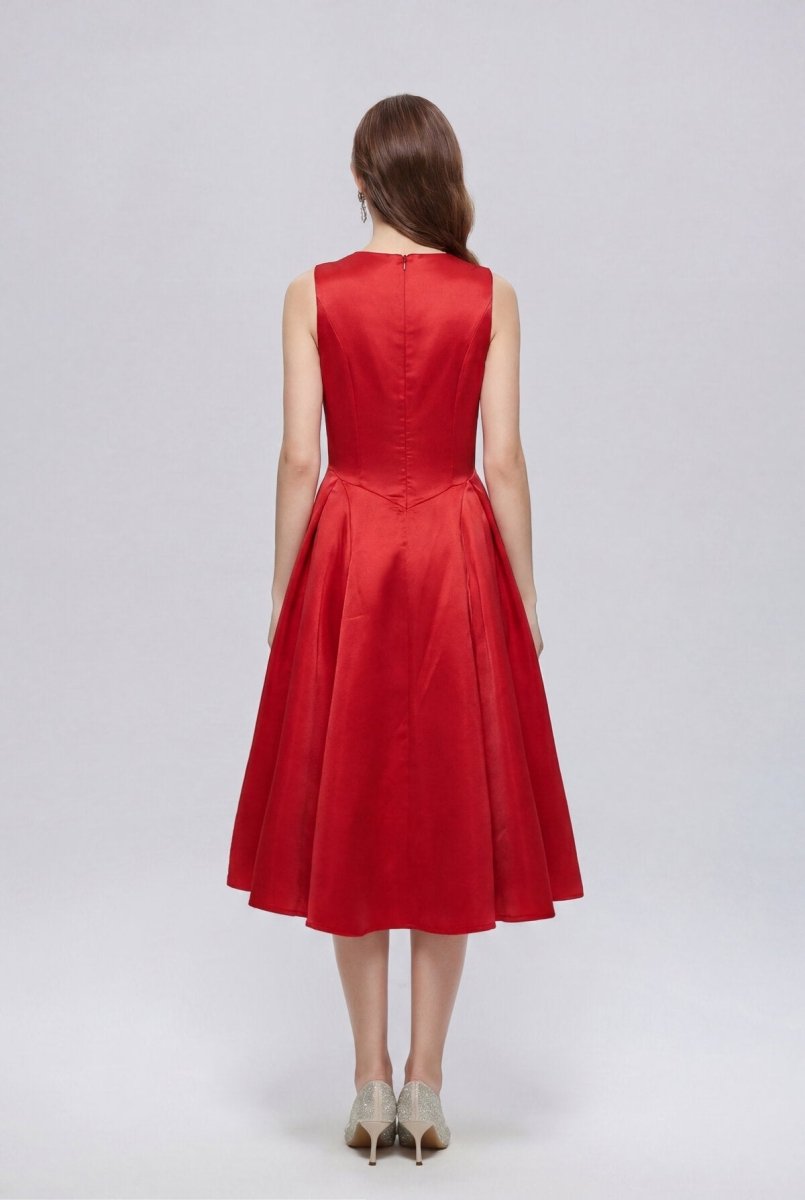 Satin Square-Neck Sleeveless Midi Dress with Gold Rosette Buttons and Pleated Skirt