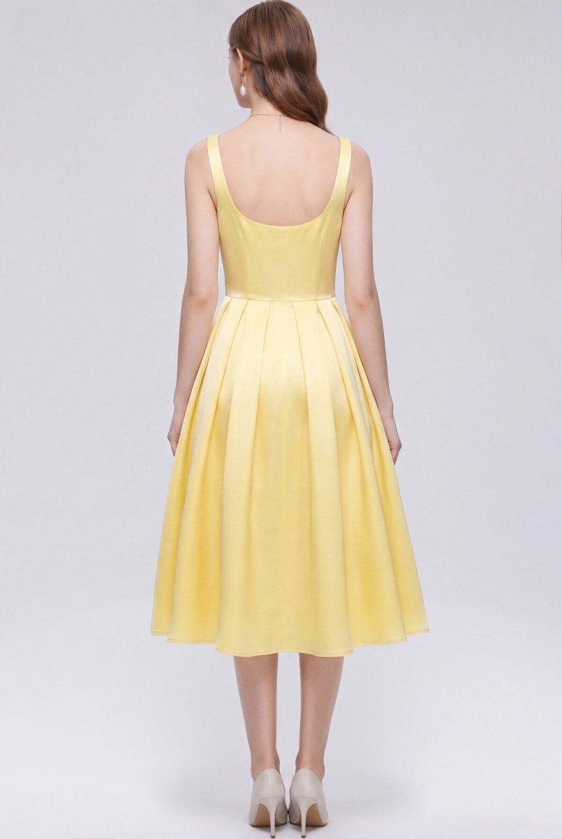 Satin Squared Sweetheart Bow Midi Dress with Structured Straps and Full Skirt