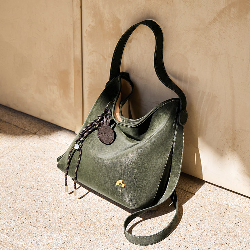 Sculpted Scoop Slouchy Leather Hobo Shoulder Bag with Cord Charm