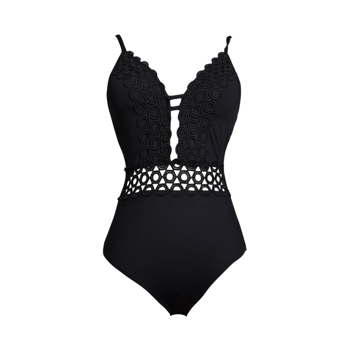 sexy black one piece textured swimsuit with plunging scallop and waist cutouts all black 4