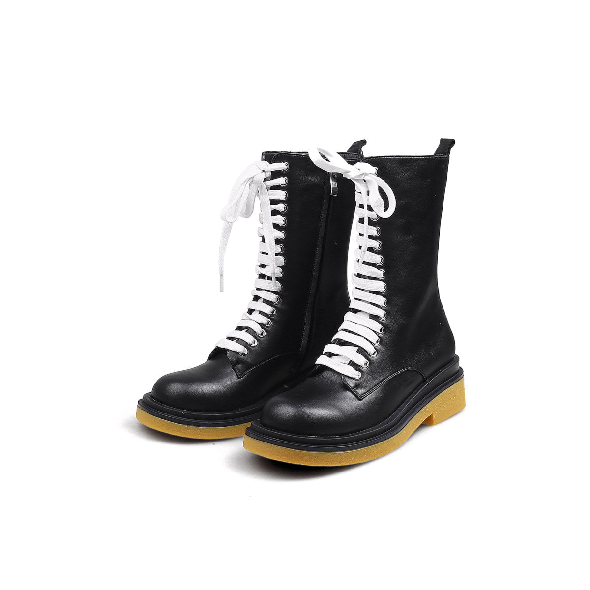 shiny lace up boots with wooden soles all black 6