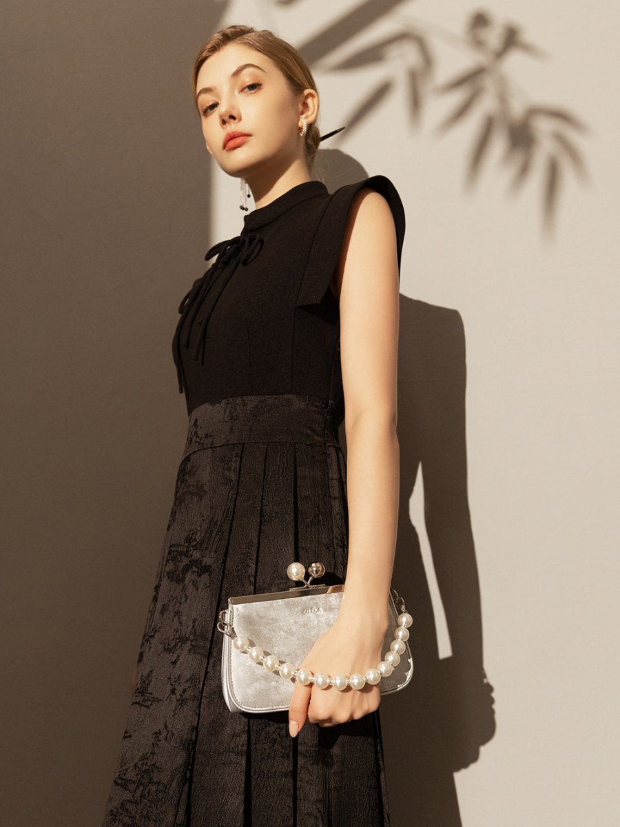 Silver Pearl Ball Clasp Top Handle Bag - 0cm