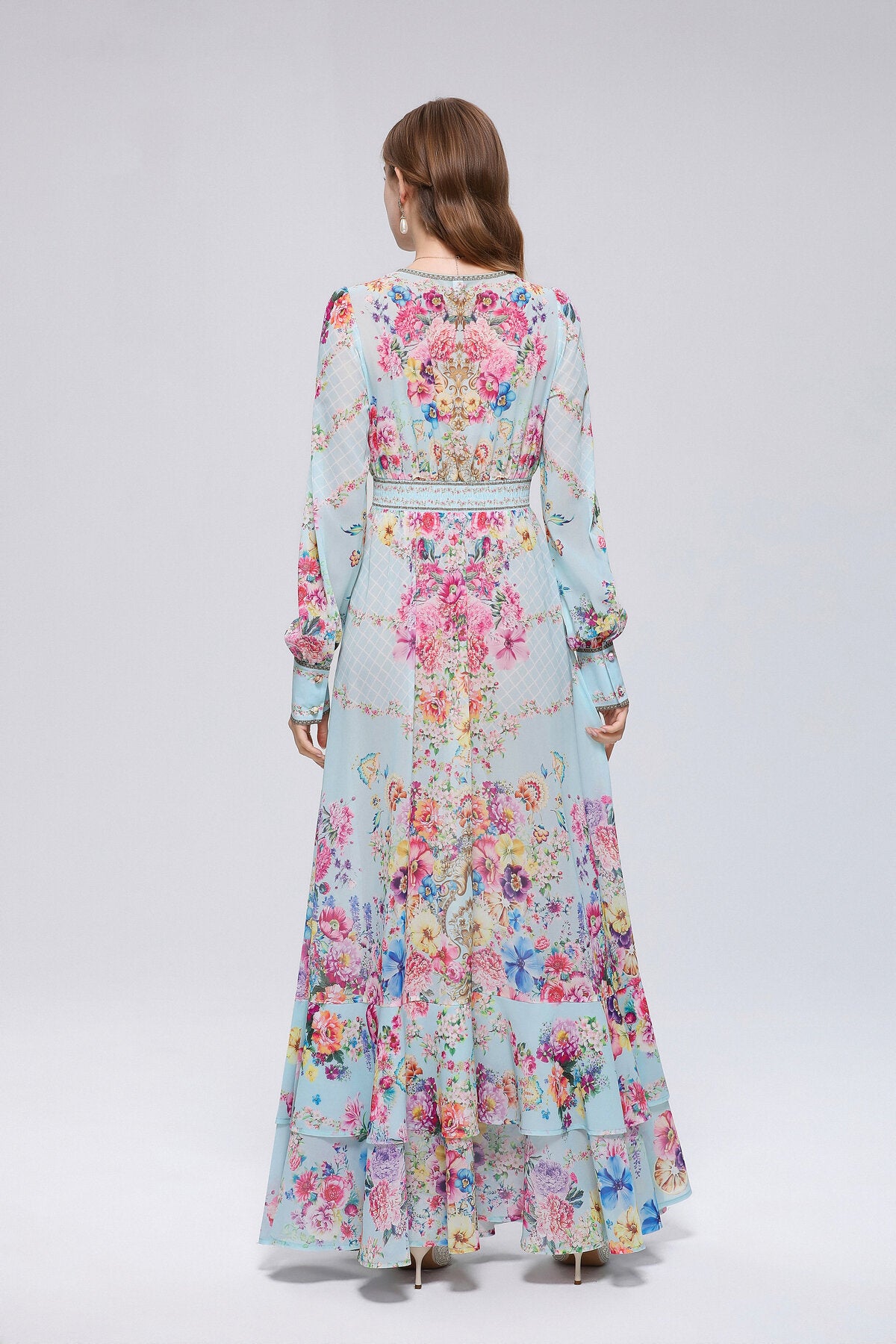 Sky Blue Floral Bouquet Maxi Dress
